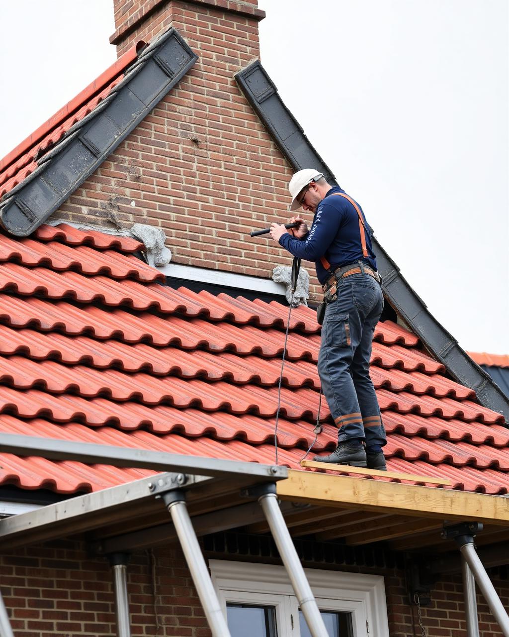 Dakdekker controleert de nokvorsten van een pannendak vanaf de steiger